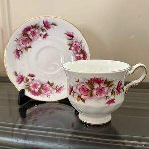 Queen Anne bine china teacup and saucer set.